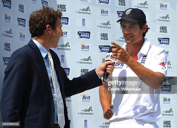 Sky Cricket Commentator Michael Atherton and England Captain Alastair Cook during the post match interview on Day Five of the 1st Investec Ashes Test...