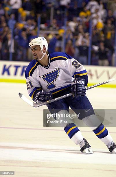 Jamal Mayers of the St. Louis Blues celebrates during game 3 of Western Conference Semifinals against the Dallas Stars at the Savvis Center in St....