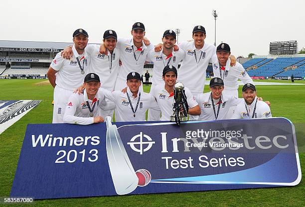 England celebrate their series win during the 5th Day of the 2nd Investec Test Match between England and New Zealand at Headingley Carnegie Cricket...