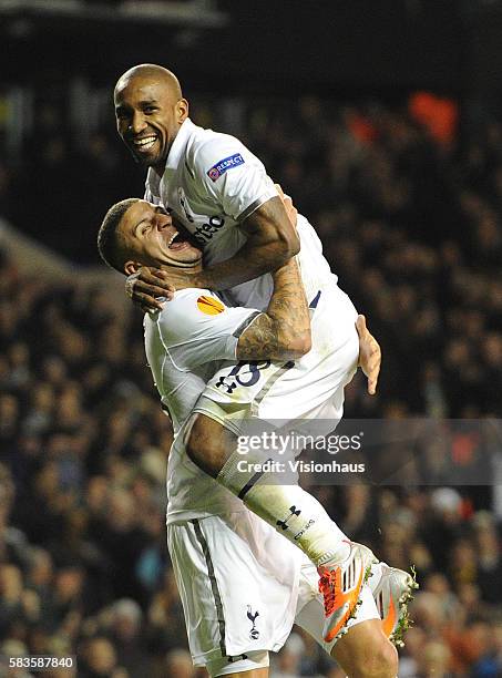 Jermain Defoe of Tottenham Hotspur celebrates his third goal with Kyle Walker during the UEFA Europa League Group J match between Tottenham Hotspur...