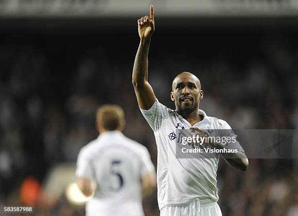 Jermain Defoe of Tottenham Hotspur celebrates his second goal during the UEFA Europa League Group J match between Tottenham Hotspur and NK Maribor at...