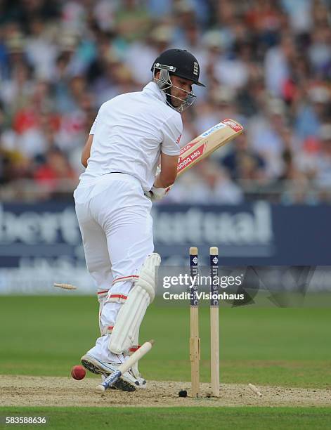 Jonathan Trott of England is bowled by Peter Siddle of Australia during Day One of the 1st Investec Ashes Test between England and Australia at Trent...