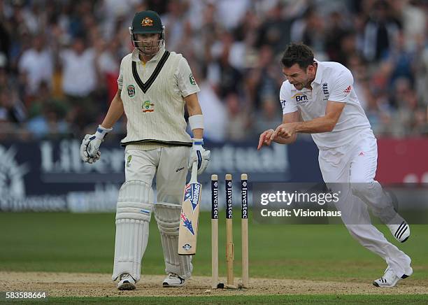 Jimmy Anderson of England celebrates taking the wicket of the Australia Captain Michael Clarke during Day One of the 1st Investec Ashes Test between...