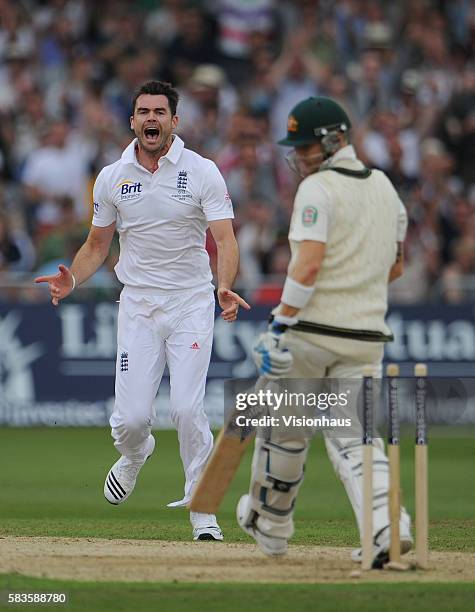 Jimmy Anderson of England celebrates taking the wicket of the Australia Captain Michael Clarke during Day One of the 1st Investec Ashes Test between...