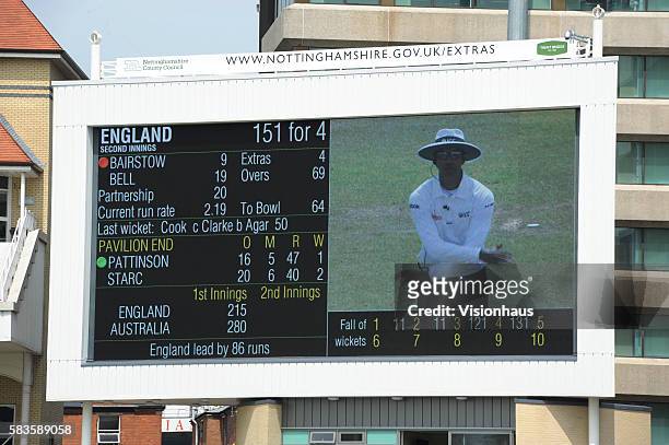 The scoreboard displays a verdict of the umpire using the DRS or Decision Review System during day three of the 1st Investec Ashes test match between...