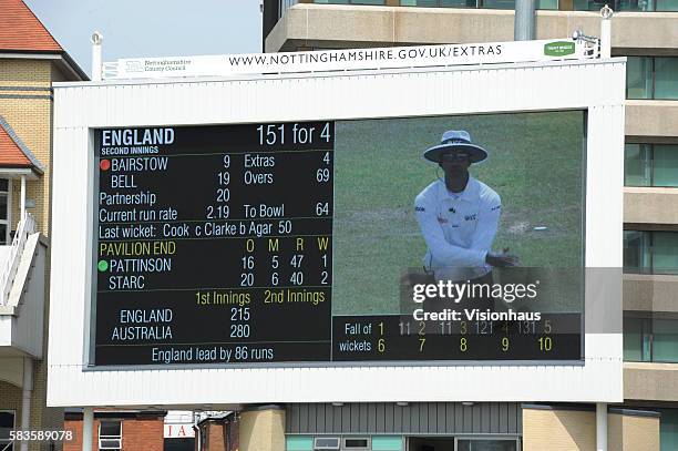 Electronic scoreboard in action showing umpire giving decision after Decision Review System has been used during Day Three of the 1st Investec Ashes...