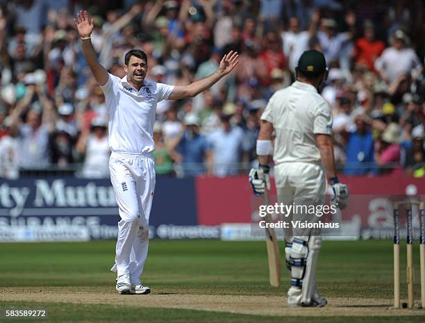 Jimmy Anderson takes the wicket of Brad Haddin of Australia to win the match for England during Day Five of the 1st Investec Ashes Test between...