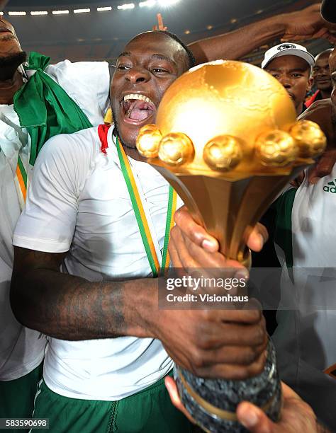 Victor Moses of Nigeria celebrates winning the 2013 African Cup of Nations Final match between Nigeria and Burkina Faso at the National Stadium in...