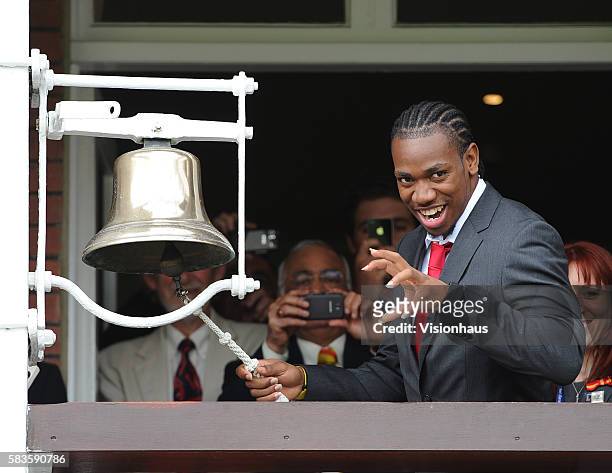 London 2012 silver medal winning 100 metre sprinter Yohan Blake from Jamaica rings the Lord's bell for the start of play during Day One of the 3rd...