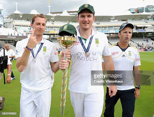 Dale Steyn and Graeme Smith celebrate taking South Africa to number one in the ICC Test Rankings during Day Five of the 3rd Investec Test Match...