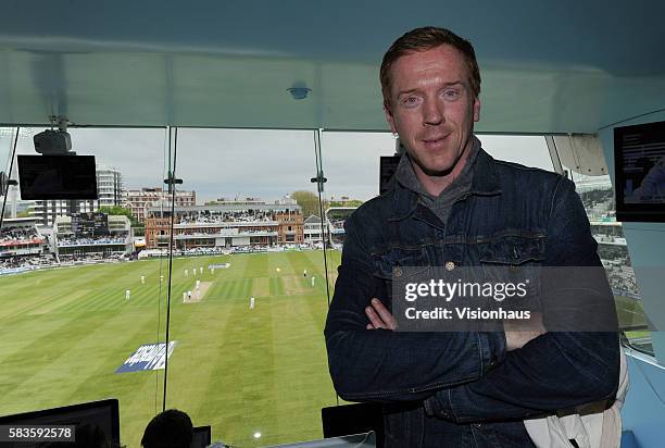 Actor Damian Lewis visits the Media Centre during the 2nd Day of the 1st Investec Test Match between England and New Zealand at Lord'd Cricket Ground...