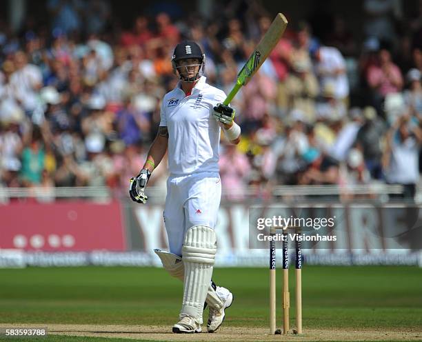 Kevin Pietersen of England reaches his half century during Day Three of the 1st Investec Ashes Test between England and Australia at Trent Bridge in...