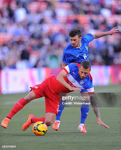 Fabian Johnson of USA and Gara Garayev of Azerbaijan during the International Friendly match between USA and Azerbaijan at Candlestick Park in San...