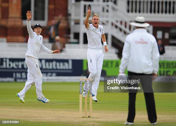 Joe Root and Stuart Broad appeal successfully for the wicket of Rangana Herath during Day Five of the 1st Investec Test between England and Sri Lanka...