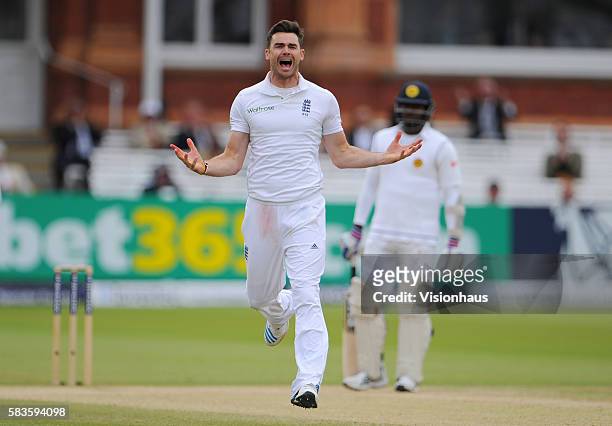 Jimmy Anderson of England celebrates taking the wicket of Lahiru Thirimanne during Day Five of the 1st Investec Test between England and Sri Lanka at...