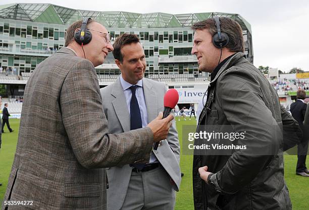 Jonathan Agnew of BBC Test Match Special chats to former England players Graeme Swann and Michael Vaughan prior to the toss during Day One of the 2nd...