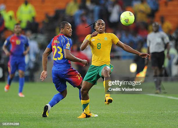 Lawrence Tshabalala Siphiwe of South Africa and Carlos Tavares of Cape Verde during the 2013 African Cup of Nations Group A match between South...