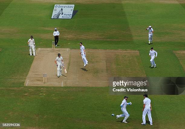 Jimmy Anderson of England celebrates taking the wicket of Peter Siddle of Australia during Day Five of the 1st Investec Ashes Test between England...