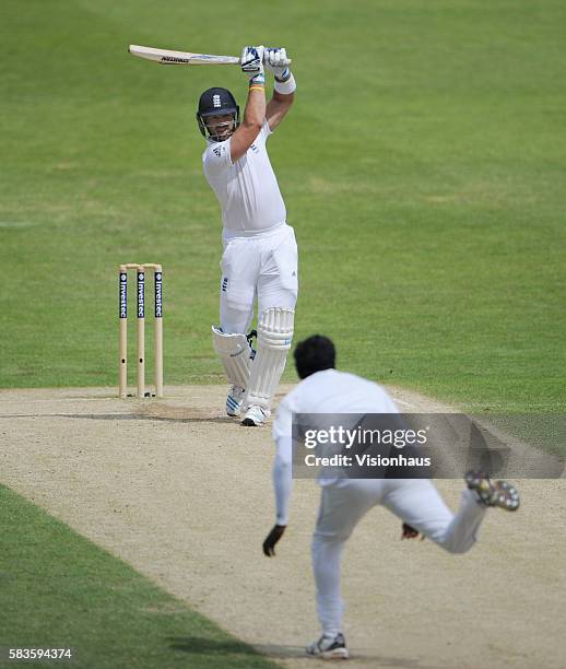 Matt Prior of England hits Angelo Mathews back over his head during Day Three of the 2nd Investec Test between England and Sri Lanka at the...