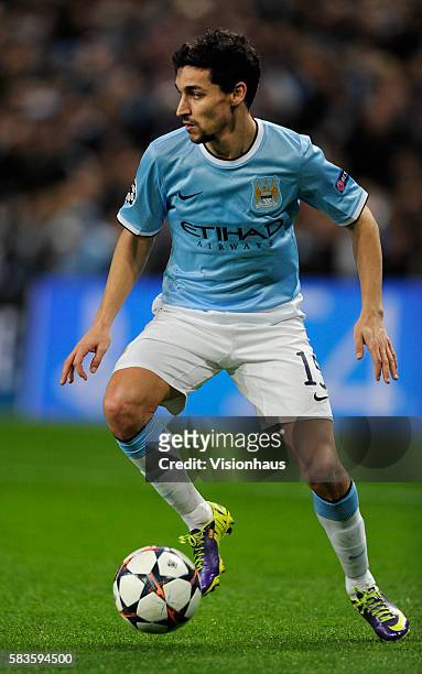 Jesus Navas of Manchester City in action during the UEFA Champions League Round of 16, First Leg match between Manchester City and FC Barcelona at...