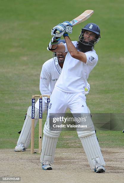 Moeen Ali hits Rangana Herath for four during Day Five of the 2nd Investec Test between England and Sri Lanka at the Headingley Carnegie Cricket...