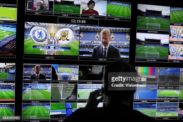 Interior view of Sky Sports broadcast and production trucks during the Sky Sports Super Sunday coverage of the Barclays Premier League Chelsea vs....