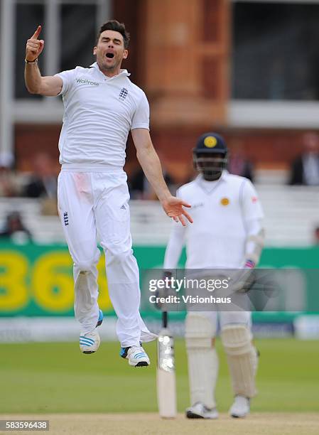 Jimmy Anderson of England celebrates taking the wicket of Lahiru Thirimanne during Day Five of the 1st Investec Test between England and Sri Lanka at...