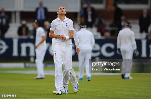 Frustration for Stuart Broad as England fail to take the final wicket required for victory during Day Five of the 1st Investec Test between England...