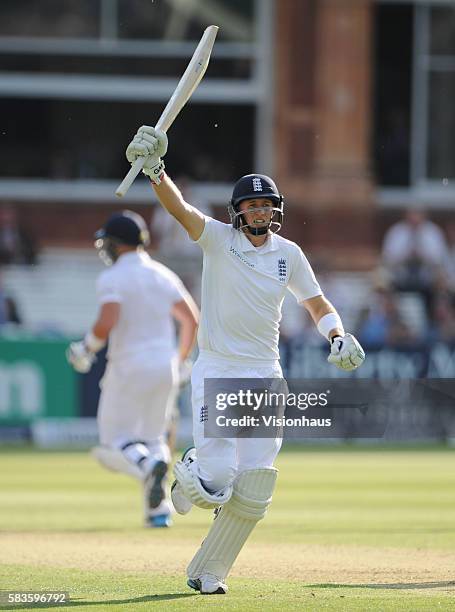 Joe Root of England celebrates his century during Day One of the 1st Investec Test between England and Sri Lanka at Lord's Cricket Ground in London,...