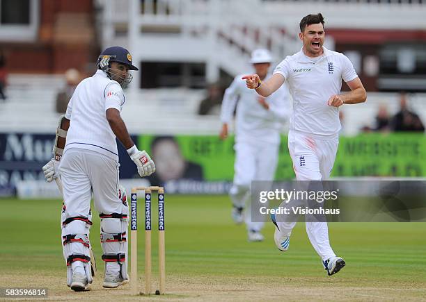 Jimmy Anderson of England celebrates taking the wicket of Mahela Jayawardene during Day Five of the 1st Investec Test between England and Sri Lanka...