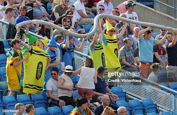 Cricket fans dressed as crayons make a "beer snake" as one takes a "selfie" of himself during Day One of the 2nd Investec Test between England and...