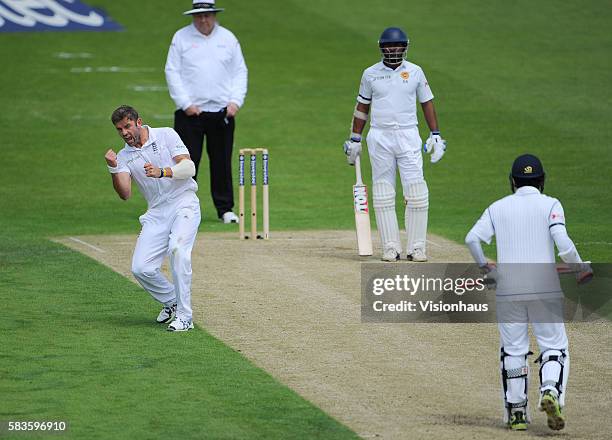 Liam Plunkett of England celebrates taking the wicket of Dimuth Karunaratne during Day One of the 2nd Investec Test between England and Sri Lanka at...