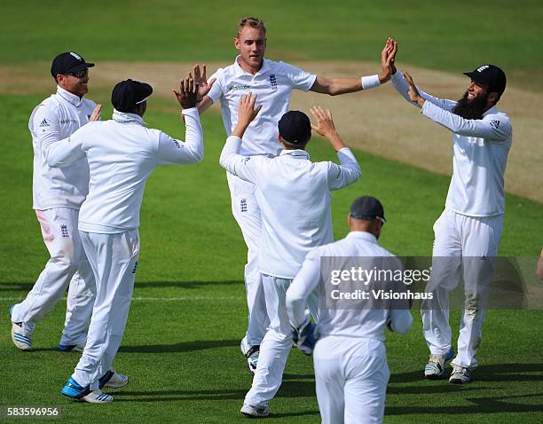 Stuart Broad of England celebrates taking the wicket of Shaminda Eranga during Day One of the 2nd Investec Test between England and Sri Lanka at the...