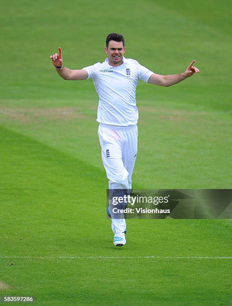 Jimmy Anderson of England celebrates the wicket of Kaushal Silva during Day One of the 2nd Investec Test between England and Sri Lanka at the...