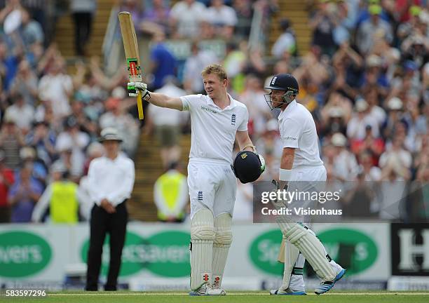 Sam Robson of England celebrates reaching his first test century during Day Two of the 2nd Investec Test between England and Sri Lanka at the...