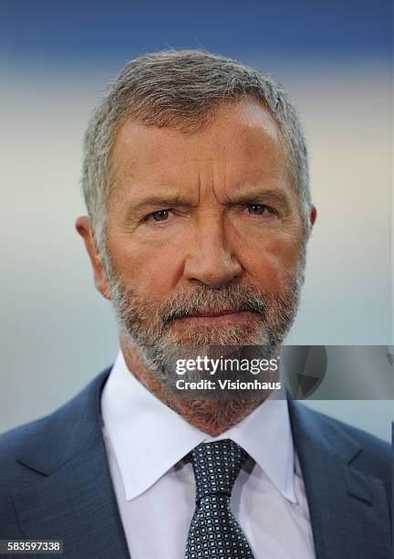 Graeme Souness working for Sky Sports during the UEFA Super Cup Final between Real Madrid CF and Sevilla FC at the Cardiff City Stadium in Cardiff,...