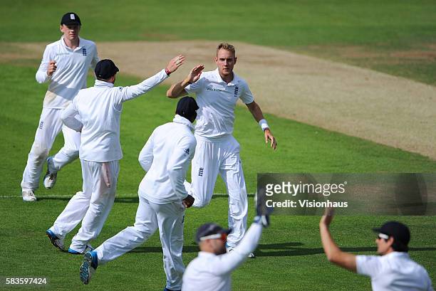 Stuart Broad of England celebrates taking the wicket of Dinesh Chandimal during Day One of the 2nd Investec Test between England and Sri Lanka at the...
