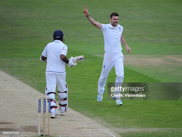 Jimmy Anderson of England celebrates taking the wicket of Mahela Jayawardene during Day Four of the 2nd Investec Test between England and Sri Lanka...