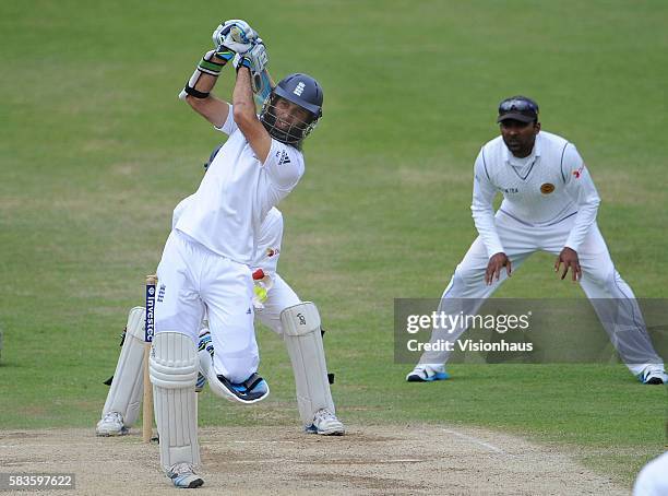 Moeen Ali hits Rangana Herath for four during Day Five of the 2nd Investec Test between England and Sri Lanka at the Headingley Carnegie Cricket...