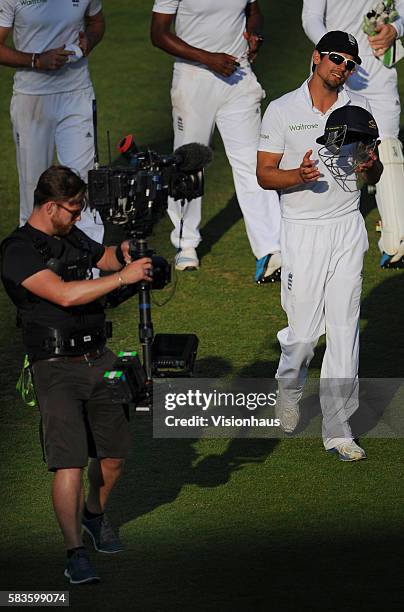 England Captain Alastair Cook leaved the field being filmed by a Sky Sports steadicam cameraman during Day Four of the 3rd Investec Test between...
