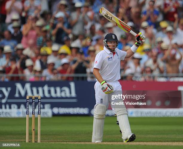 Ian Bell of England celebrates his half century during Day Three of the 1st Investec Ashes Test between England and Australia at Trent Bridge in...