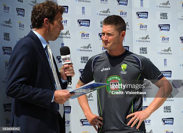 Sky Cricket Commentator Michael Atherton and Australia Captain Michael Clarke during the post match interview on Day Five of the 1st Investec Ashes...