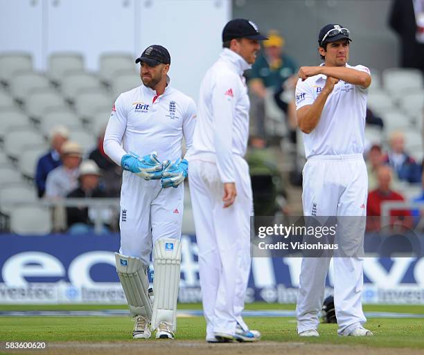 England Captain Alastair Cook asks Umpire Tony Hill to review a decision using DRS only to lose it during Day Four of the 3rd Investec Ashes Test...