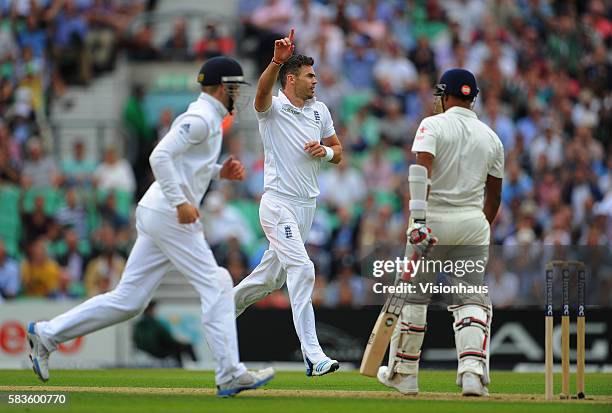 England's Jimmy Anderson celebrates taking the wicket of Stuart Binny during Day One of the 5th Investec Test between England and India at the Kia...