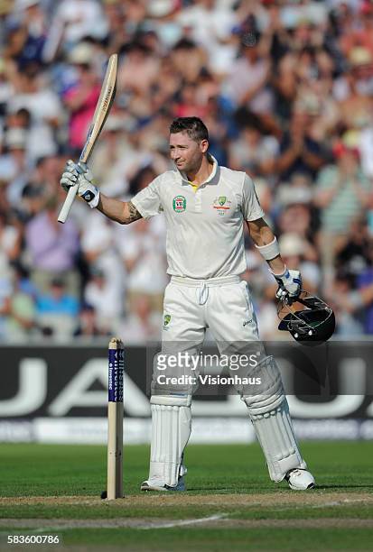Michael Clarke of Australia celebrates his century during Day One of the 3rd Investec Ashes Test between England and Australia at Old Trafford...