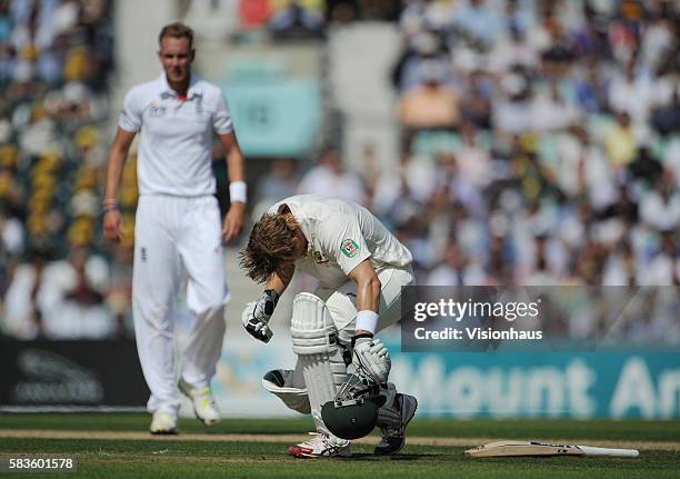 Shane Watson of England is hit by a ball from Stuart Broad during Day One of the 5th Investec Ashes Test between England and Australia at the Kia...