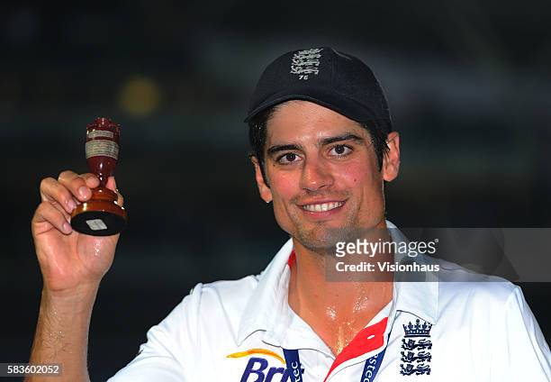 England Captain Alastair Cook celebrates winning the Investec Ashes Series as he holds the famous urn during Day Five of the 5th Investec Ashes Test...