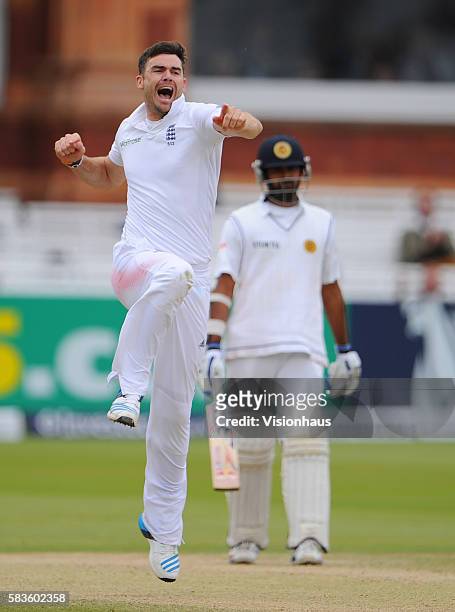 Jimmy Anderson of England celebrates taking the wicket of Kumar Sangakkara during Day Five of the 1st Investec Test between England and Sri Lanka at...