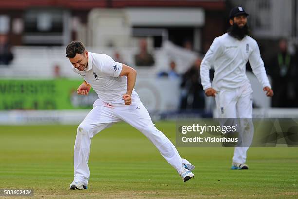 Jimmy Anderson of England celebrates taking the wicket of Angelo Mathews during Day Five of the 1st Investec Test between England and Sri Lanka at...