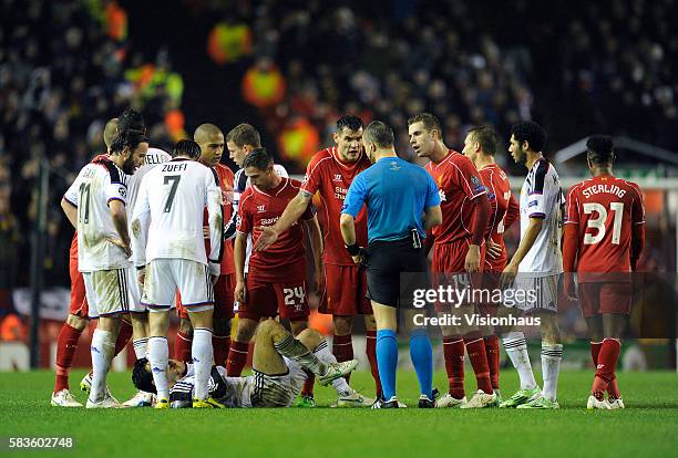 Dejan Lovren of Liverpool protests to the referee during the UEFA Champions League Group B match between Liverpool and FC Basel 1893 at Anfield in...